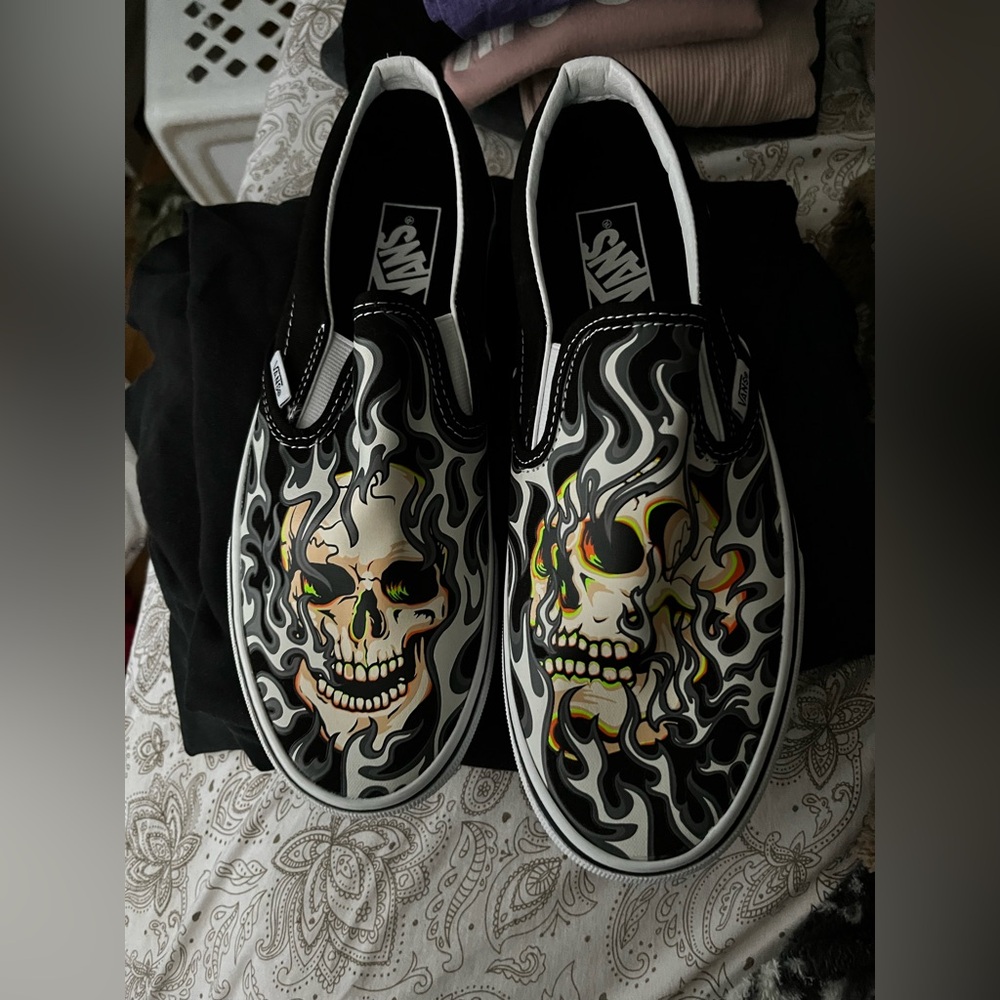 Vans Black and White Skull Flame Slip-Ons